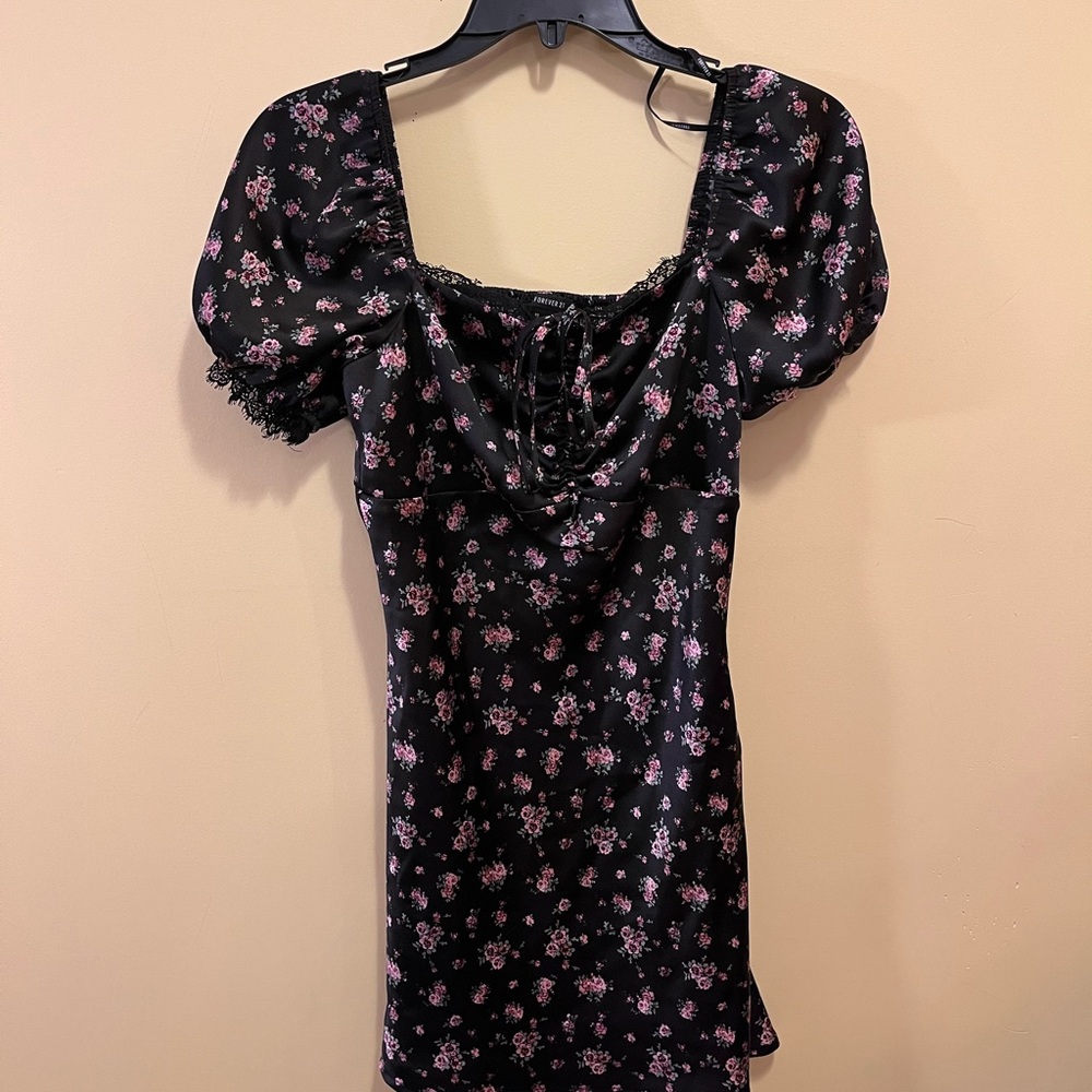 Forever 21 Black Mini Dress with Pink Floral Print